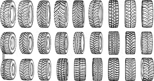 Detailed vector illustration set of various tire treads and patterns, including car, truck, and agricultural tires, in black and white sketch style.
