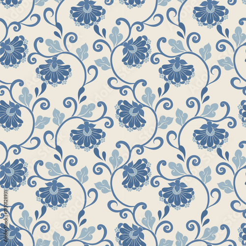 Seamless Blue Floral Ornamental Pattern on Beige Background