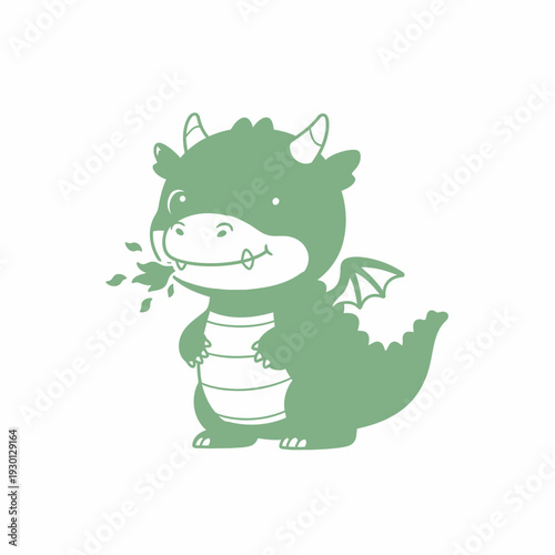 Cute dragon with leaves in mouth and striped belly