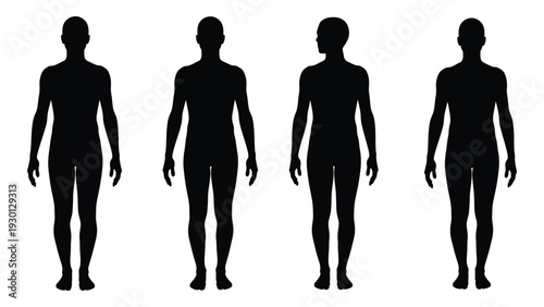 Four black silhouettes of human figures standing in a row isolated on white background, Vector