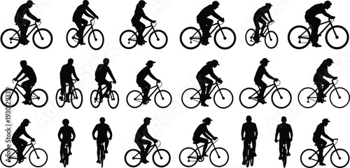 Black silhouettes set of people riding bicycles, mountain bikers, urban cycling group, side and rear views, isolated vector.