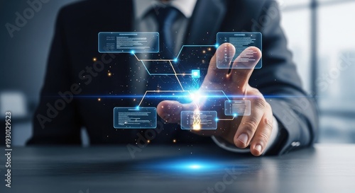 Businessman interacting with virtual digital touchscreen network