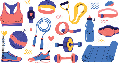 Fitness equipment and workout accessories vector set with dumbbells, yoga mat, sneakers, sports bra and healthy lifestyle elements
