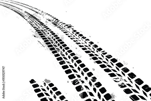 Black tire track vector with ink splatter and grunge effect on white background.Abstract racing tire track silhouette with paint drips and speed concept.