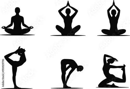 Black yoga silhouettes set with people in meditation poses, zen lotus position, stretching exercise, wellness, isolated vector illustration.