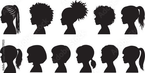 Kids profile silhouettes diverse children hairstyles vector illustration