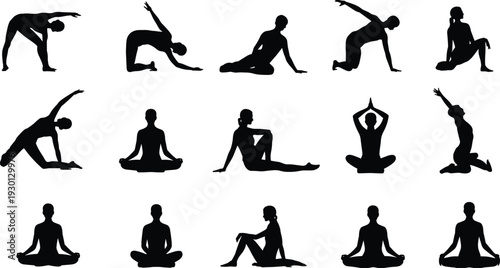 Black yoga silhouettes set with woman practicing meditation poses, lotus position, stretching exercises, healthy lifestyle icons, isolated vector.