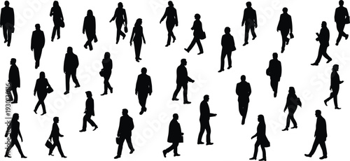 Large set of black walking people silhouettes, crowd of men and women figures, architectural scale vector, isolated pedestrians.
