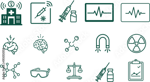 Collection of teal medical and scientific icons representing healthcare concepts