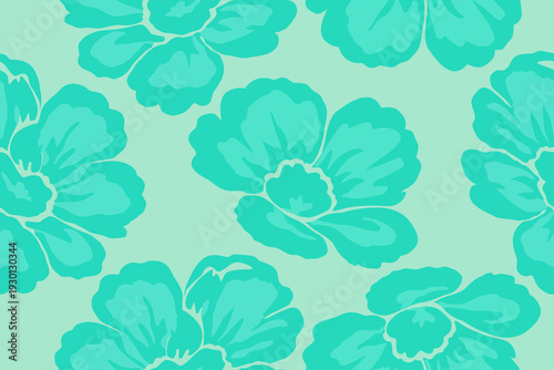 Seamless tropical hibiscus pattern with large teal flowers on mint green background, bold summer floral repeat design for fabric, wallpaper, and decor.