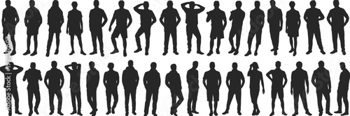 Set of black people silhouettes standing in different poses, casual men and women figures, architectural vector, isolated people.