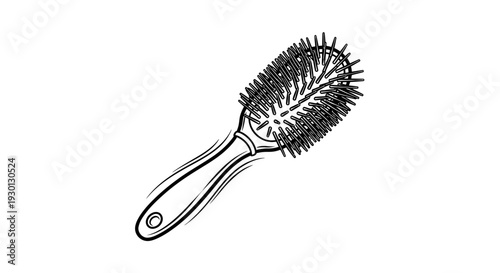 Handheld Oval Hair Brush with Bristles - Black and White Line Drawing