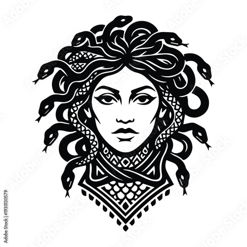 Medusa face logo Icon Silhouette vector black design on a white background