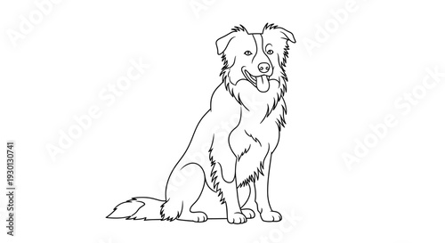 Line Art Drawing of a Border Collie Dog Sitting Happily with Tongue Out