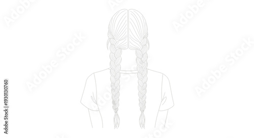 Simple line art drawing of person's back with two braids