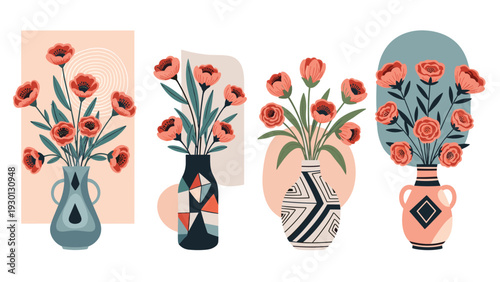 Modern aesthetic illustrations of red flower arrangements in various decorative vases with abstract shapes in the background.