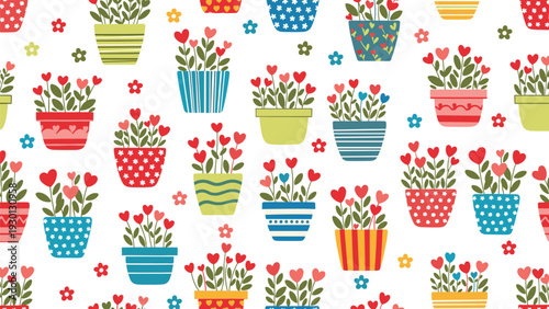 Seamless gardening pattern of various flowers in heart-shaped blossoms growing in colorful patterned pots on a white background.
