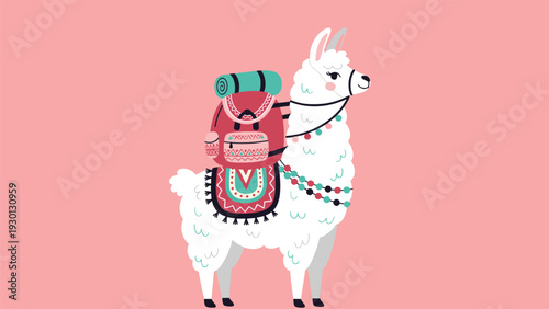 Cute white llama character carrying a red backpack and a teal sleeping mat on its back for a mountain hiking adventure concept.
