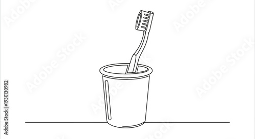 Single line art toothbrush in a cup on white background