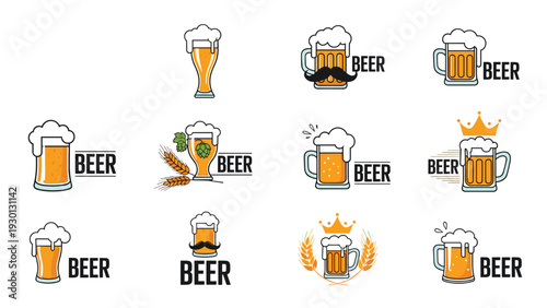 Variety of beer icons and logos featuring glasses, mugs, wheat stalks, and a crown to represent brewery and pub culture.
