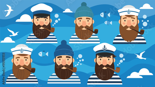 Set of sailor and captain characters with beards and pipes on a wavy sea background with seagulls and fish for maritime theme.
