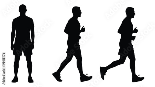 A black silhouette of a man running through different phases isolated on white background, Vector