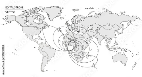 Global Network Connections Map: Lines Connecting Continents and Cities