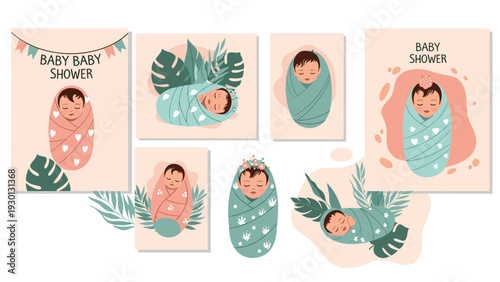 Collection of adorable newborn babies swaddled in blankets with tropical leaf patterns for baby shower invitations and cards.