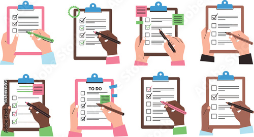 Hands holding clipboard checklist vector set with diverse people filling survey forms and task management concept