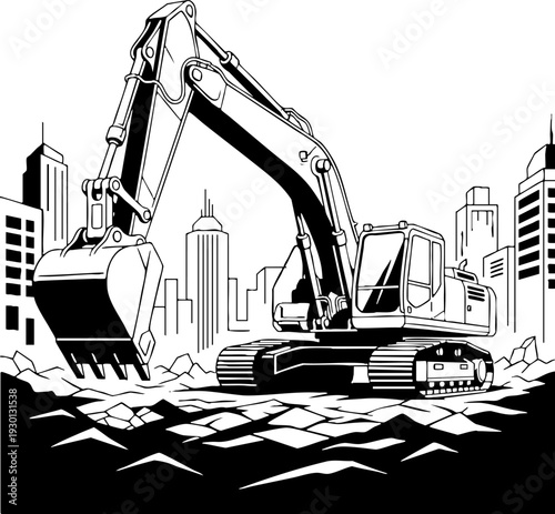 Heavy Excavator Demolition in City Urban Development Site