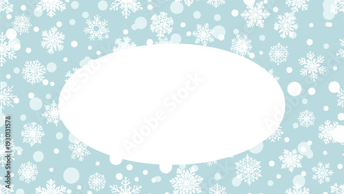 Winter background with delicate white snowflakes of various shapes and sizes on a light blue field with a central white oval for text.