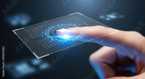 A professional woman uses her finger to push a digital button on a modern touch screen interface, connecting to a business data network via high-tech computer equipment in an office