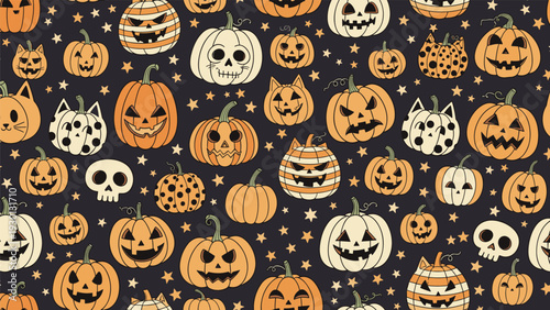 Halloween seamless pattern featuring orange and white jack o lanterns and skulls and stars on a dark charcoal gray background for fabric.