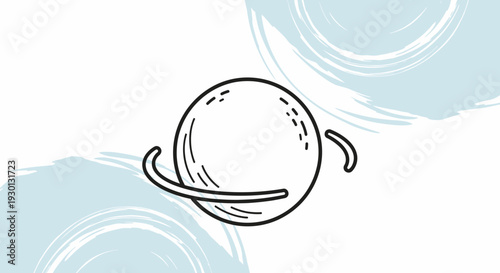 Cute cartoon planet with a happy face and orbiting ring, isolated on white background with blue brush strokes