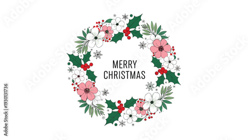 Elegant christmas wreath with white and pink flowers and green holly leaves and red berries and snowflakes around merry christmas text.