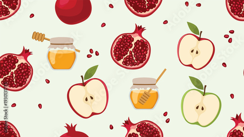Seamless pattern for rosh hashanah showing red pomegranates and sliced apples and honey jars with dippers on a light green background.