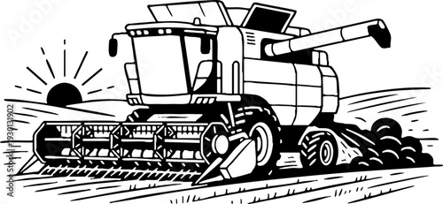 Combine Harvester Working in Agricultural Field at Sunrise