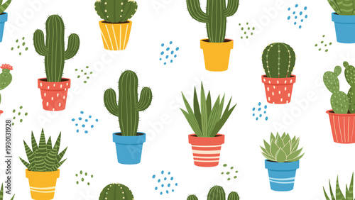 Trendy seamless pattern featuring different species of cacti and succulents in colorful pots on a clean white background for decor.