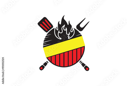 BBQ Logo Design: A stylish emblem features a stylized grill, complete with flames, spatula, and fork, representing the essence of outdoor cooking and culinary delight.