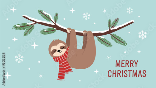 Cute sloth character wearing a red and white striped scarf hanging from a snowy pine branch for merry christmas greeting card.