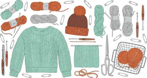 Knitting and crochet vector illustration set with yarn, sweater, needles, scissors and handmade craft tools