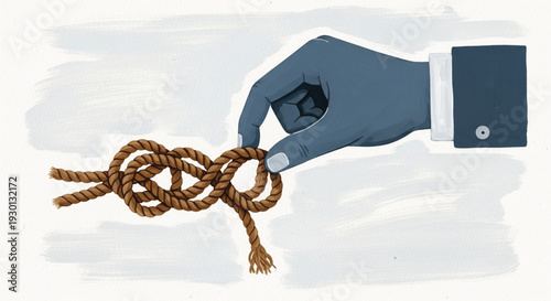 Detailed illustration of a human hand in a formal suit sleeve working with a complex brown rope knot.