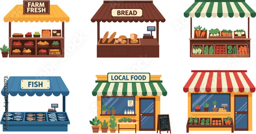 Local market shop fronts vector set with bakery, fish stall, farm fresh produce and grocery store illustration