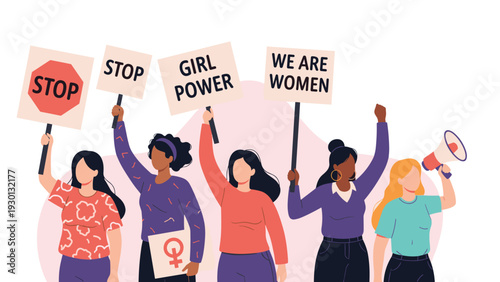 Diverse group of women activists holding signs and participating in a peaceful protest for gender equality and rights.