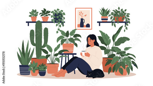 Young woman relaxing at home with a hot cup of coffee surrounded by various lush indoor houseplants and her black cat.