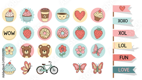 Large set of colorful round icons and banners featuring cakes and coffee and hearts and berries and cute animals for social media.