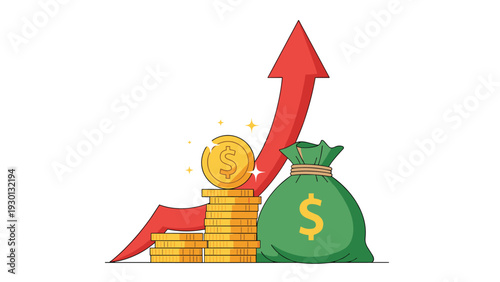 Financial growth concept featuring stacks of gold dollar coins and a money bag with a red arrow pointing upwards.