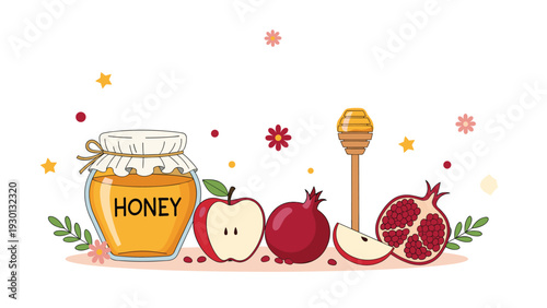 Rosh Hashanah holiday food symbols including a honey jar, red apples, pomegranates, and a wooden honey dipper.