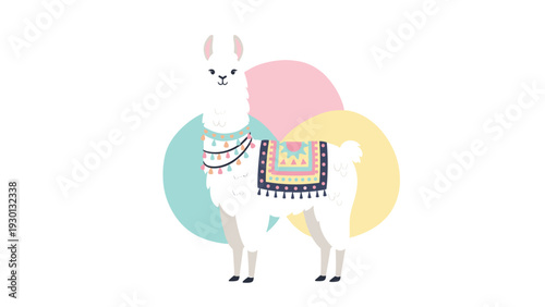 Cute white llama decorated with a colorful traditional blanket and tassels standing against an abstract background.
