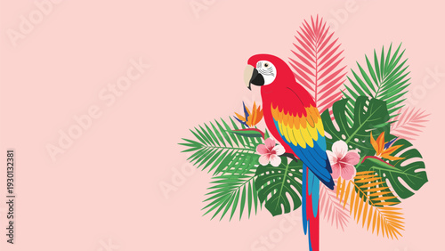 Colorful scarlet macaw parrot perched amidst lush tropical monstera leaves and hibiscus flowers on a soft pink background.